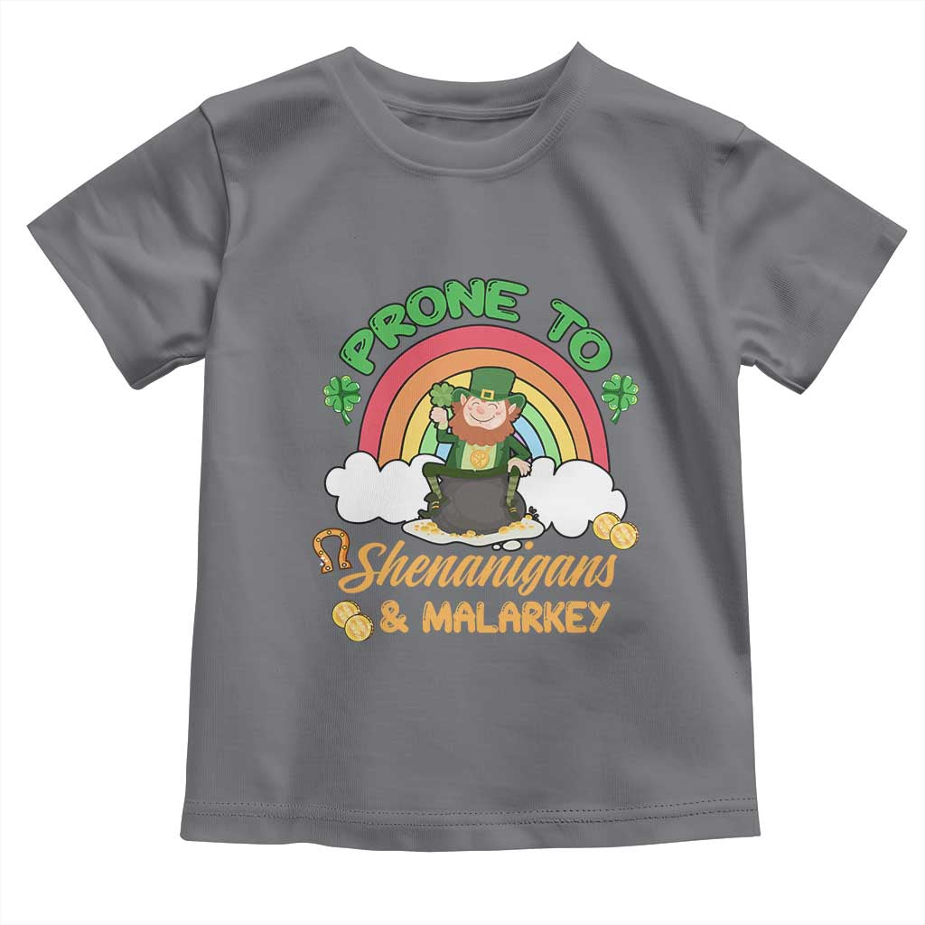 Funny St Patricks Day Toddler T Shirt Prone To Shenanigans and Malarkey Cute Leprechaun Rainbow TS02 Charcoal Print Your Wear