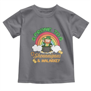 Funny St Patricks Day Toddler T Shirt Prone To Shenanigans and Malarkey Cute Leprechaun Rainbow TS02 Charcoal Print Your Wear
