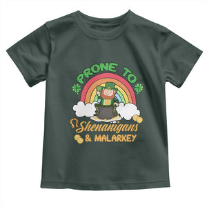 Funny St Patricks Day Toddler T Shirt Prone To Shenanigans and Malarkey Cute Leprechaun Rainbow TS02 Dark Forest Green Print Your Wear