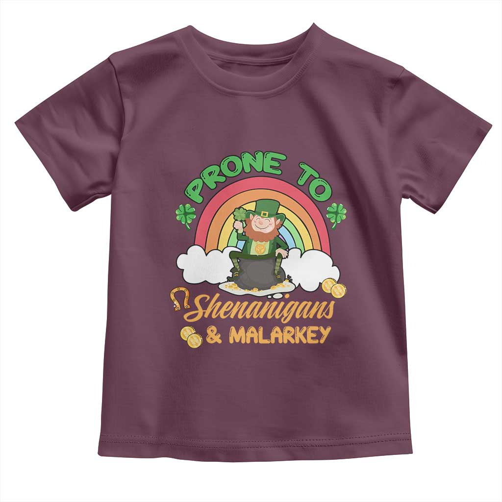 Funny St Patricks Day Toddler T Shirt Prone To Shenanigans and Malarkey Cute Leprechaun Rainbow TS02 Maroon Print Your Wear