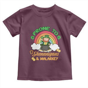 Funny St Patricks Day Toddler T Shirt Prone To Shenanigans and Malarkey Cute Leprechaun Rainbow TS02 Maroon Print Your Wear