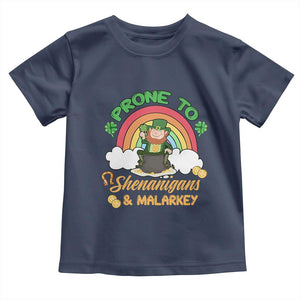 Funny St Patricks Day Toddler T Shirt Prone To Shenanigans and Malarkey Cute Leprechaun Rainbow TS02 Navy Print Your Wear