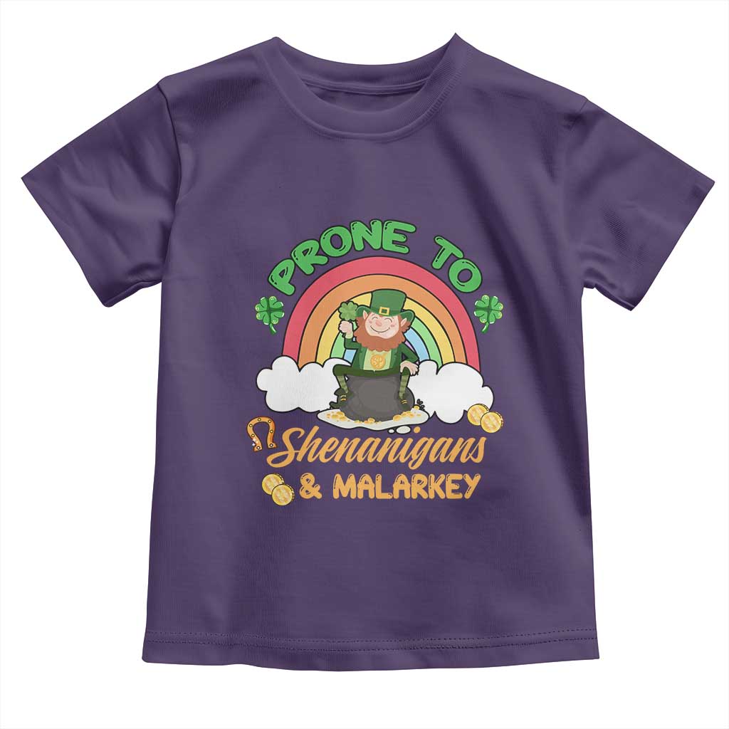 Funny St Patricks Day Toddler T Shirt Prone To Shenanigans and Malarkey Cute Leprechaun Rainbow TS02 Purple Print Your Wear