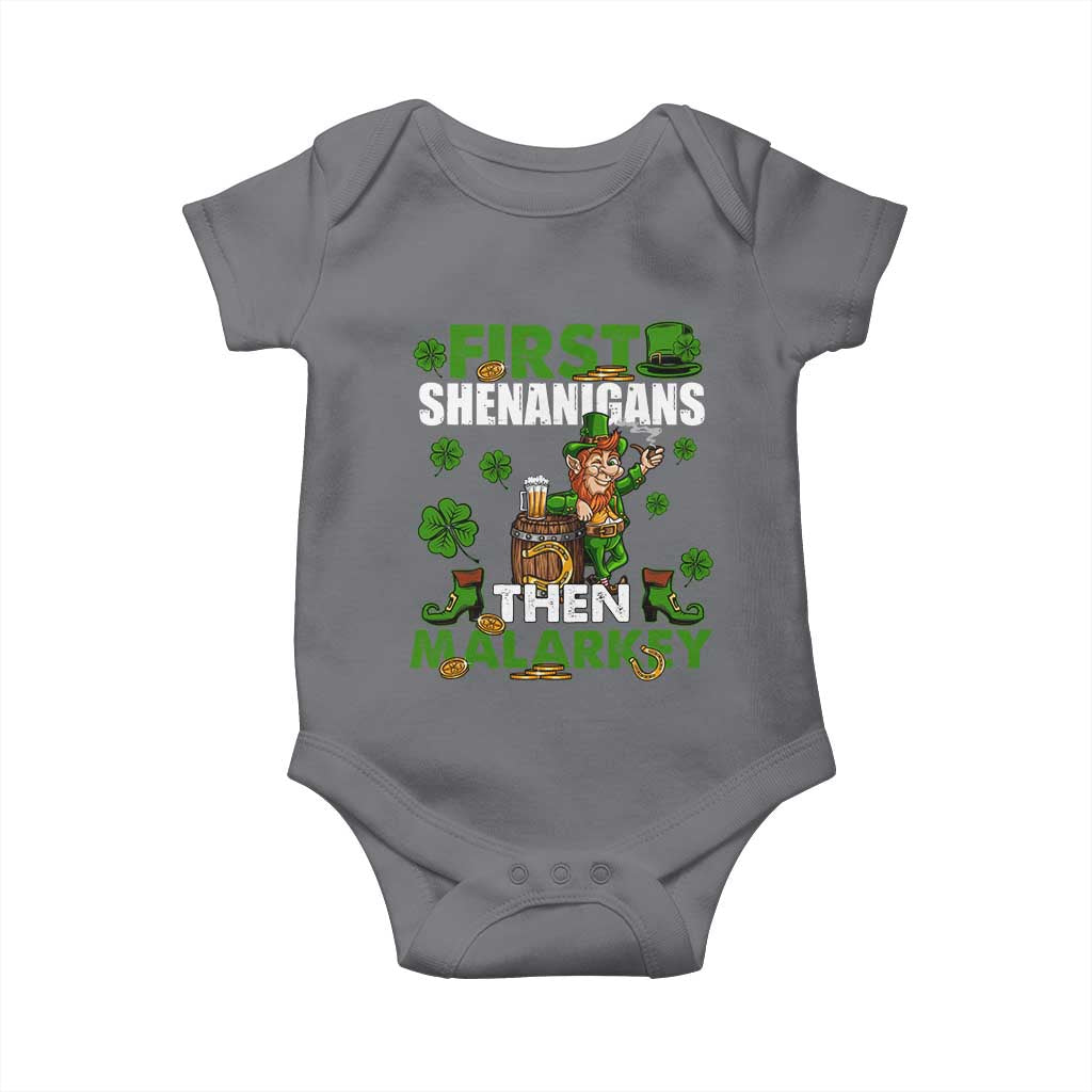 Funny St Patricks Day Baby Onesie First Shenanigans Then Malarkey Drinking Leprechaun TS02 Charcoal Print Your Wear