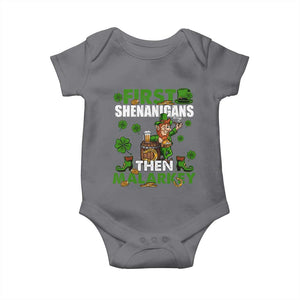 Funny St Patricks Day Baby Onesie First Shenanigans Then Malarkey Drinking Leprechaun TS02 Charcoal Print Your Wear