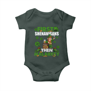 Funny St Patricks Day Baby Onesie First Shenanigans Then Malarkey Drinking Leprechaun TS02 Print Your Wear