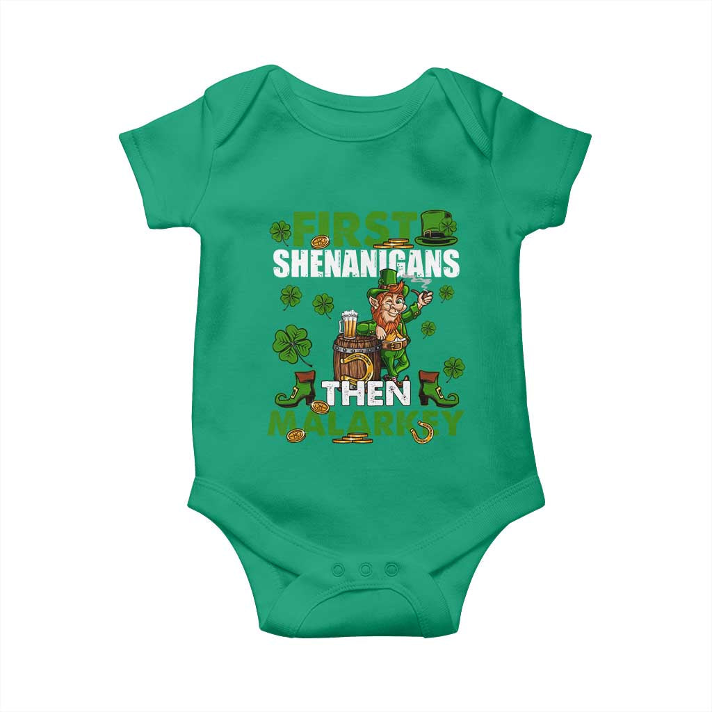 Funny St Patricks Day Baby Onesie First Shenanigans Then Malarkey Drinking Leprechaun TS02 Irish Green Print Your Wear
