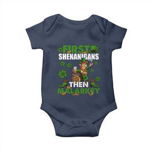 Funny St Patricks Day Baby Onesie First Shenanigans Then Malarkey Drinking Leprechaun TS02 Navy Print Your Wear