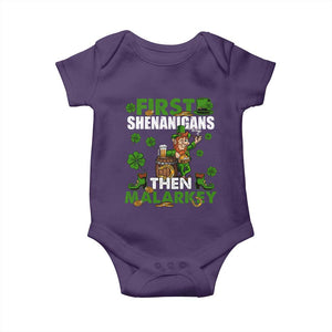 Funny St Patricks Day Baby Onesie First Shenanigans Then Malarkey Drinking Leprechaun TS02 Purple Print Your Wear