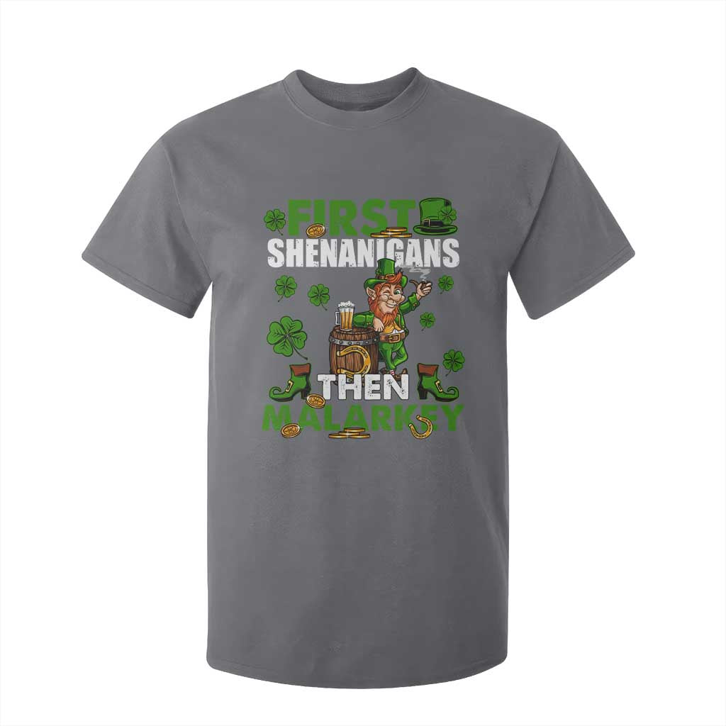 Funny St Patricks Day T Shirt For Kid First Shenanigans Then Malarkey Drinking Leprechaun TS02 Charcoal Print Your Wear