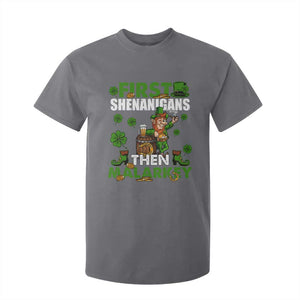 Funny St Patricks Day T Shirt For Kid First Shenanigans Then Malarkey Drinking Leprechaun TS02 Charcoal Print Your Wear