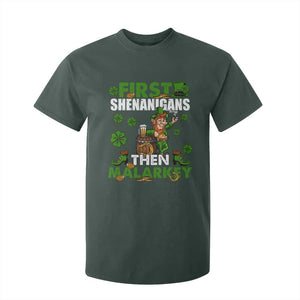 Funny St Patricks Day T Shirt For Kid First Shenanigans Then Malarkey Drinking Leprechaun TS02 Dark Forest Green Print Your Wear