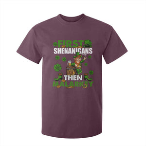 Funny St Patricks Day T Shirt For Kid First Shenanigans Then Malarkey Drinking Leprechaun TS02 Maroon Print Your Wear