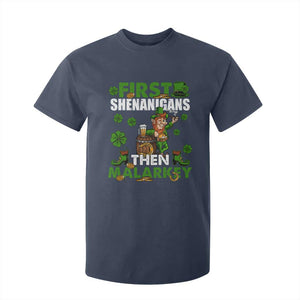 Funny St Patricks Day T Shirt For Kid First Shenanigans Then Malarkey Drinking Leprechaun TS02 Navy Print Your Wear