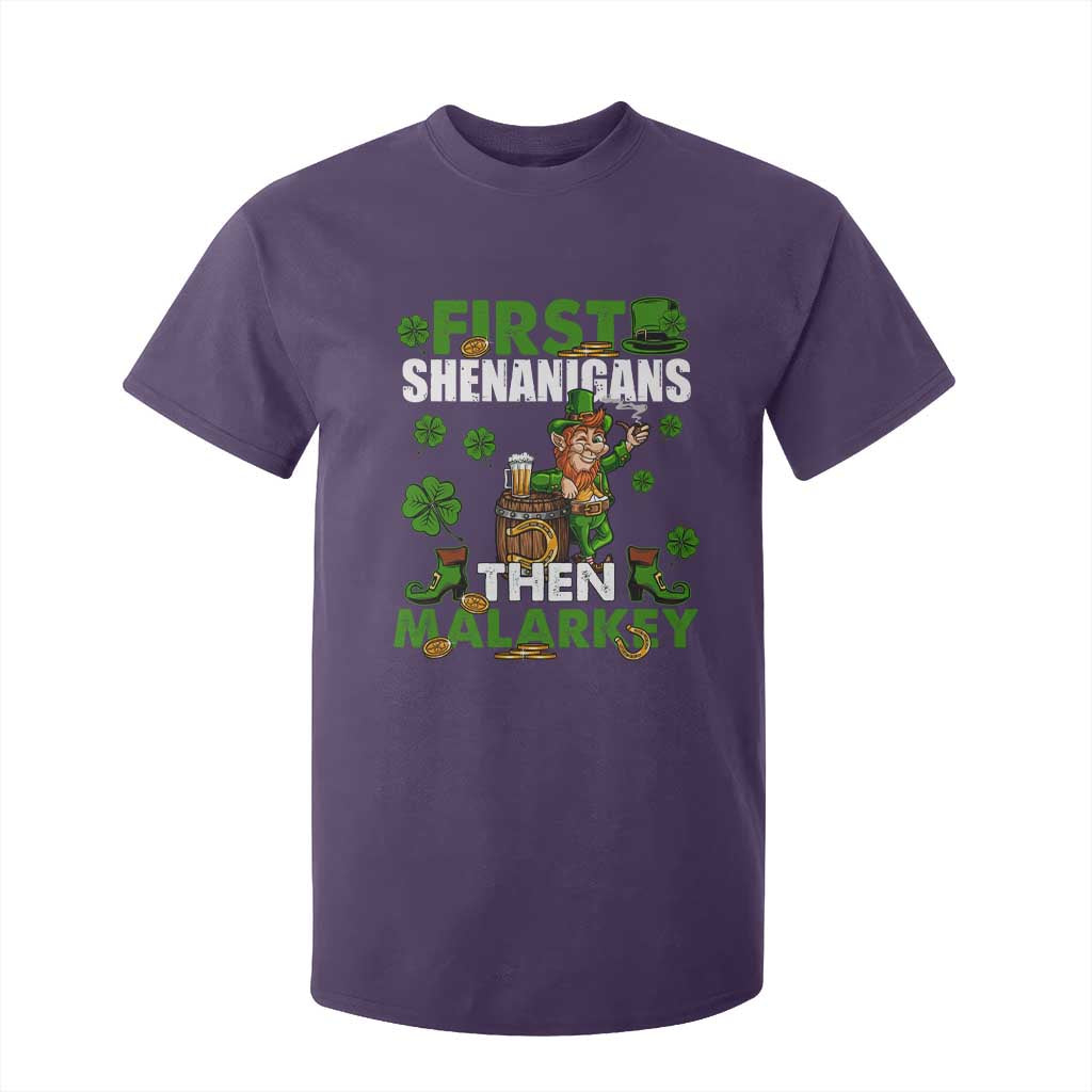 Funny St Patricks Day T Shirt For Kid First Shenanigans Then Malarkey Drinking Leprechaun TS02 Purple Print Your Wear