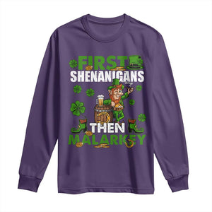 Funny St Patricks Day Long Sleeve Shirt First Shenanigans Then Malarkey Drinking Leprechaun TS02 Purple Print Your Wear