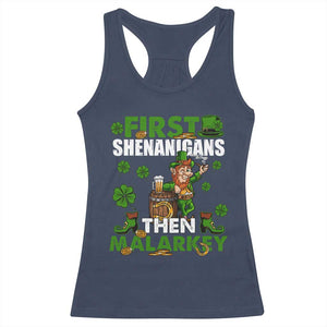 Funny St Patricks Day Racerback Tank Top First Shenanigans Then Malarkey Drinking Leprechaun TS02 Navy Print Your Wear