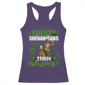 Funny St Patricks Day Racerback Tank Top First Shenanigans Then Malarkey Drinking Leprechaun TS02 Purple Print Your Wear