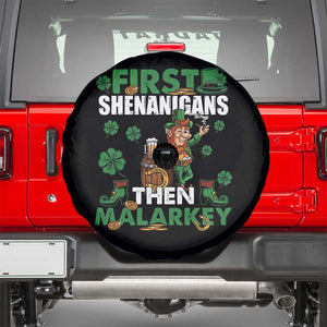 Funny St Patricks Day Spare Tire Cover First Shenanigans Then Malarkey Drinking Leprechaun TS02 Black Print Your Wear