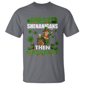 Funny St. Patricks Day T Shirt First Shenanigans Then Malarkey Drinking Leprechaun TS02 Charcoal Printyourwear