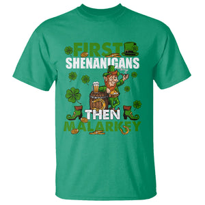 Funny St. Patricks Day T Shirt First Shenanigans Then Malarkey Drinking Leprechaun TS02 Irish Green Printyourwear
