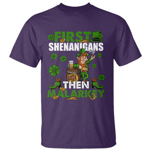 Funny St. Patricks Day T Shirt First Shenanigans Then Malarkey Drinking Leprechaun TS02 Purple Printyourwear