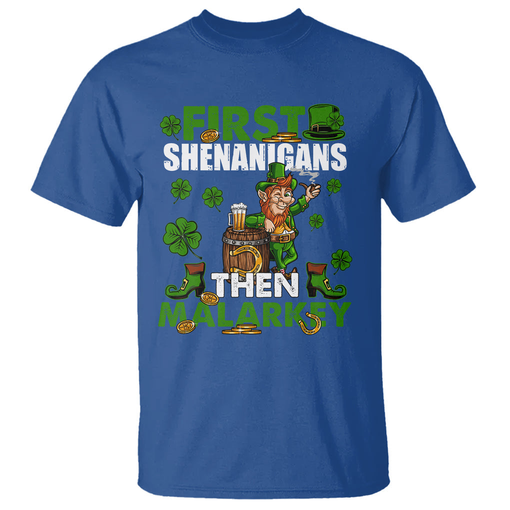 Funny St. Patricks Day T Shirt First Shenanigans Then Malarkey Drinking Leprechaun TS02 Royal Blue Printyourwear
