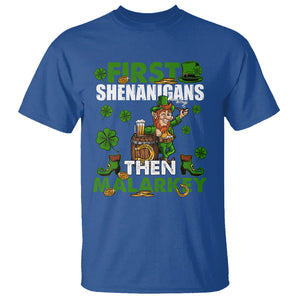 Funny St. Patricks Day T Shirt First Shenanigans Then Malarkey Drinking Leprechaun TS02 Royal Blue Printyourwear