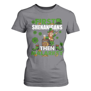 Funny St Patricks Day T Shirt For Women First Shenanigans Then Malarkey Drinking Leprechaun TS02 Charcoal Print Your Wear