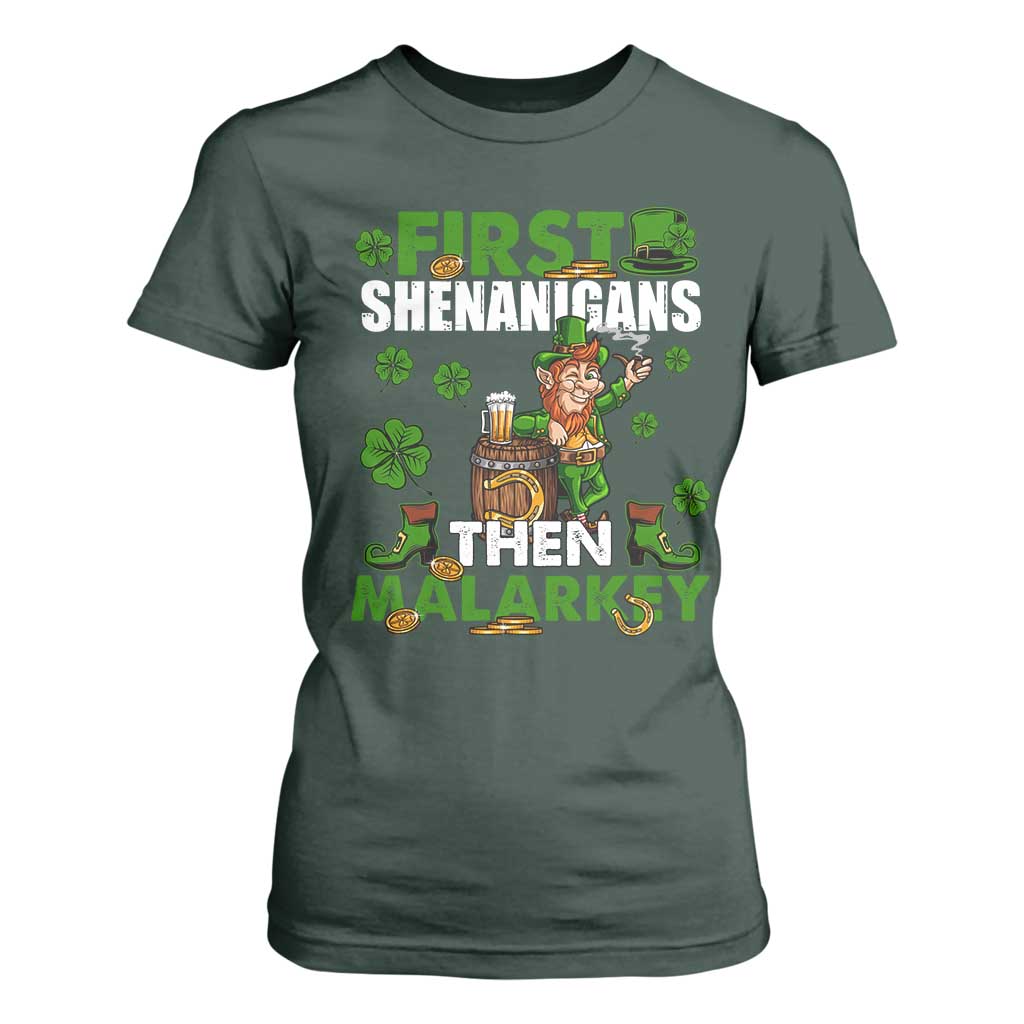 Funny St Patricks Day T Shirt For Women First Shenanigans Then Malarkey Drinking Leprechaun TS02 Dark Forest Green Print Your Wear
