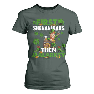 Funny St Patricks Day T Shirt For Women First Shenanigans Then Malarkey Drinking Leprechaun TS02 Dark Forest Green Print Your Wear