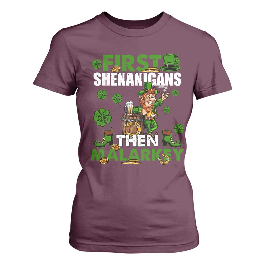 Funny St Patricks Day T Shirt For Women First Shenanigans Then Malarkey Drinking Leprechaun TS02 Maroon Print Your Wear