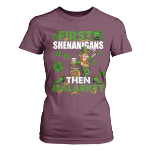 Funny St Patricks Day T Shirt For Women First Shenanigans Then Malarkey Drinking Leprechaun TS02 Maroon Print Your Wear