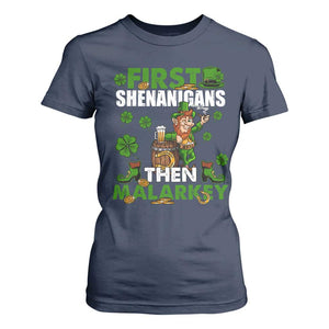 Funny St Patricks Day T Shirt For Women First Shenanigans Then Malarkey Drinking Leprechaun TS02 Navy Print Your Wear