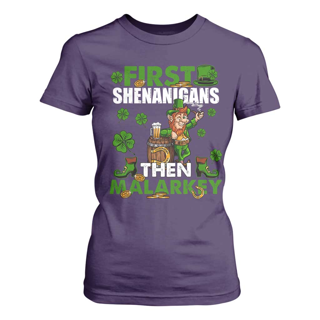 Funny St Patricks Day T Shirt For Women First Shenanigans Then Malarkey Drinking Leprechaun TS02 Purple Print Your Wear