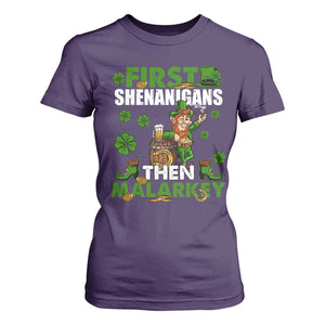 Funny St Patricks Day T Shirt For Women First Shenanigans Then Malarkey Drinking Leprechaun TS02 Purple Print Your Wear