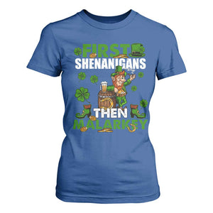 Funny St Patricks Day T Shirt For Women First Shenanigans Then Malarkey Drinking Leprechaun TS02 Royal Blue Print Your Wear