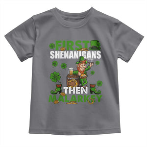 Funny St Patricks Day Toddler T Shirt First Shenanigans Then Malarkey Drinking Leprechaun TS02 Charcoal Print Your Wear