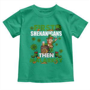 Funny St Patricks Day Toddler T Shirt First Shenanigans Then Malarkey Drinking Leprechaun TS02 Irish Green Print Your Wear