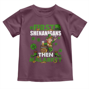 Funny St Patricks Day Toddler T Shirt First Shenanigans Then Malarkey Drinking Leprechaun TS02 Maroon Print Your Wear