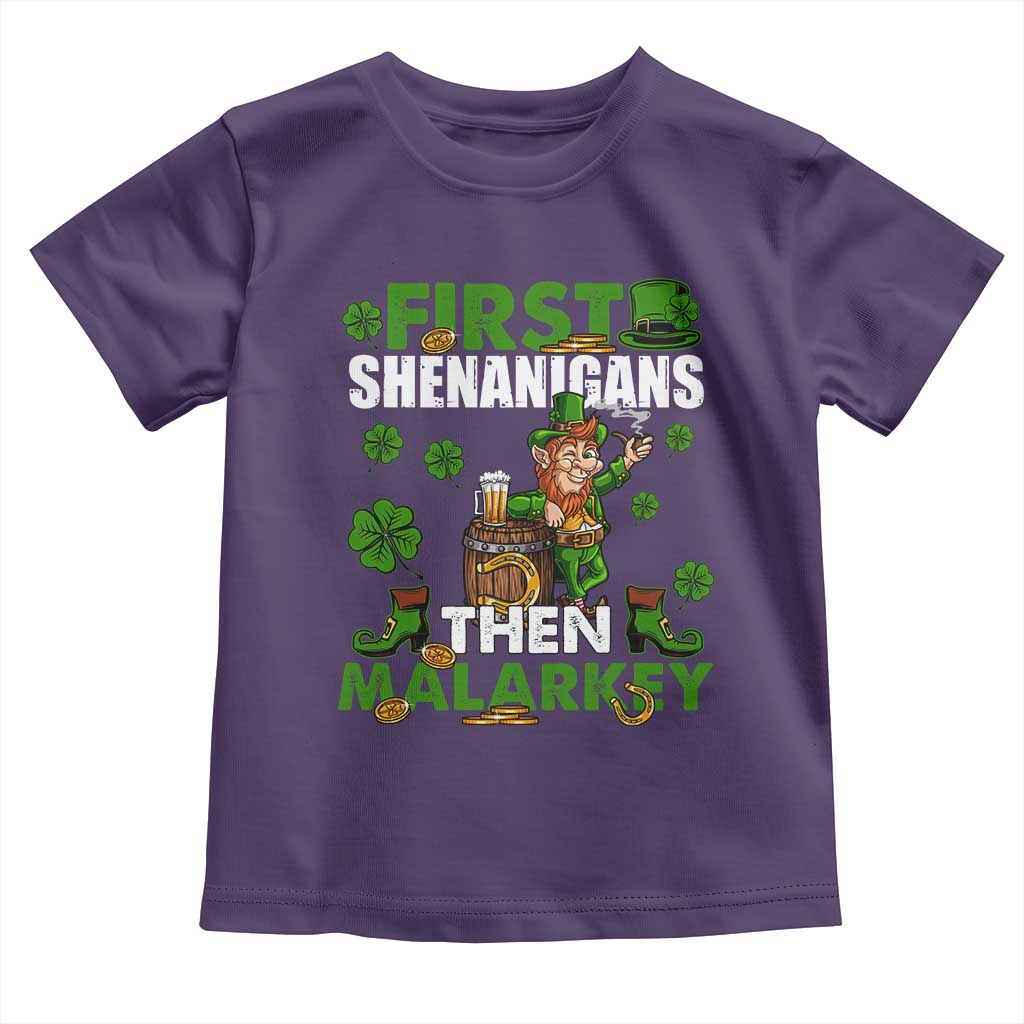 Funny St Patricks Day Toddler T Shirt First Shenanigans Then Malarkey Drinking Leprechaun TS02 Purple Print Your Wear