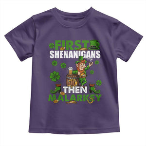 Funny St Patricks Day Toddler T Shirt First Shenanigans Then Malarkey Drinking Leprechaun TS02 Purple Print Your Wear