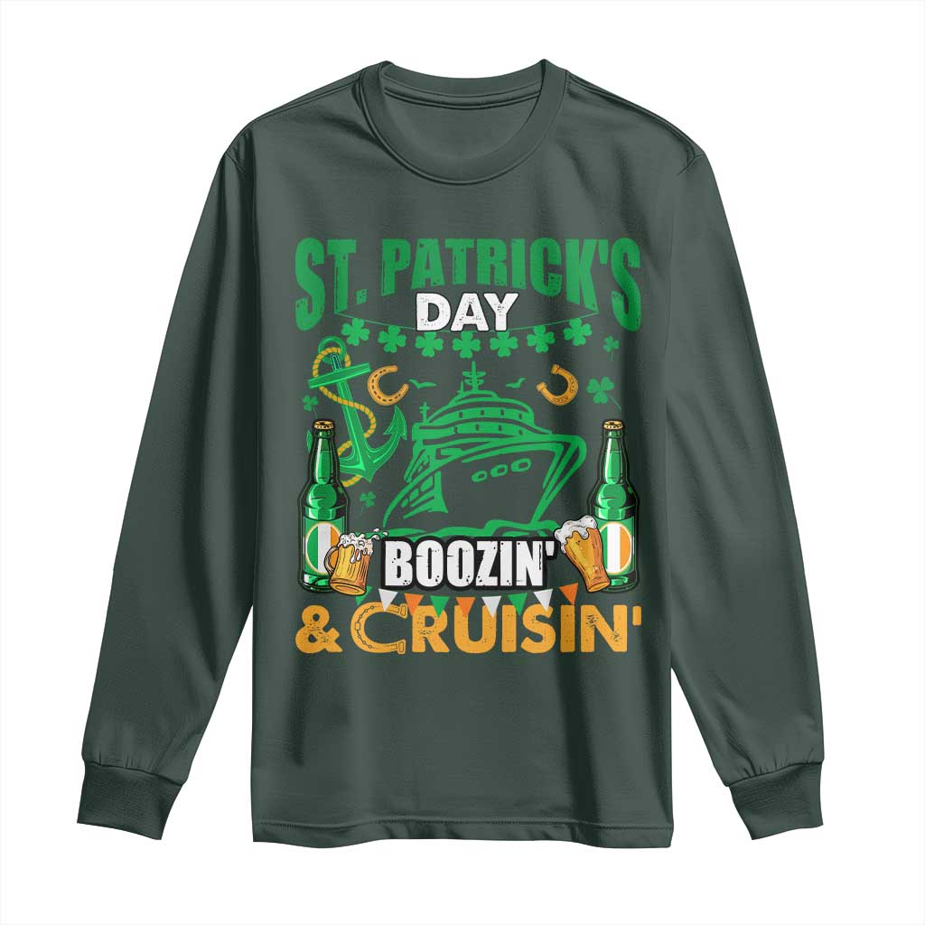 Funny St Patricks Cruise Long Sleeve Shirt Boozin' Cruisin' Drinking Squad Family Group Matching TS02 Dark Forest Green Print Your Wear