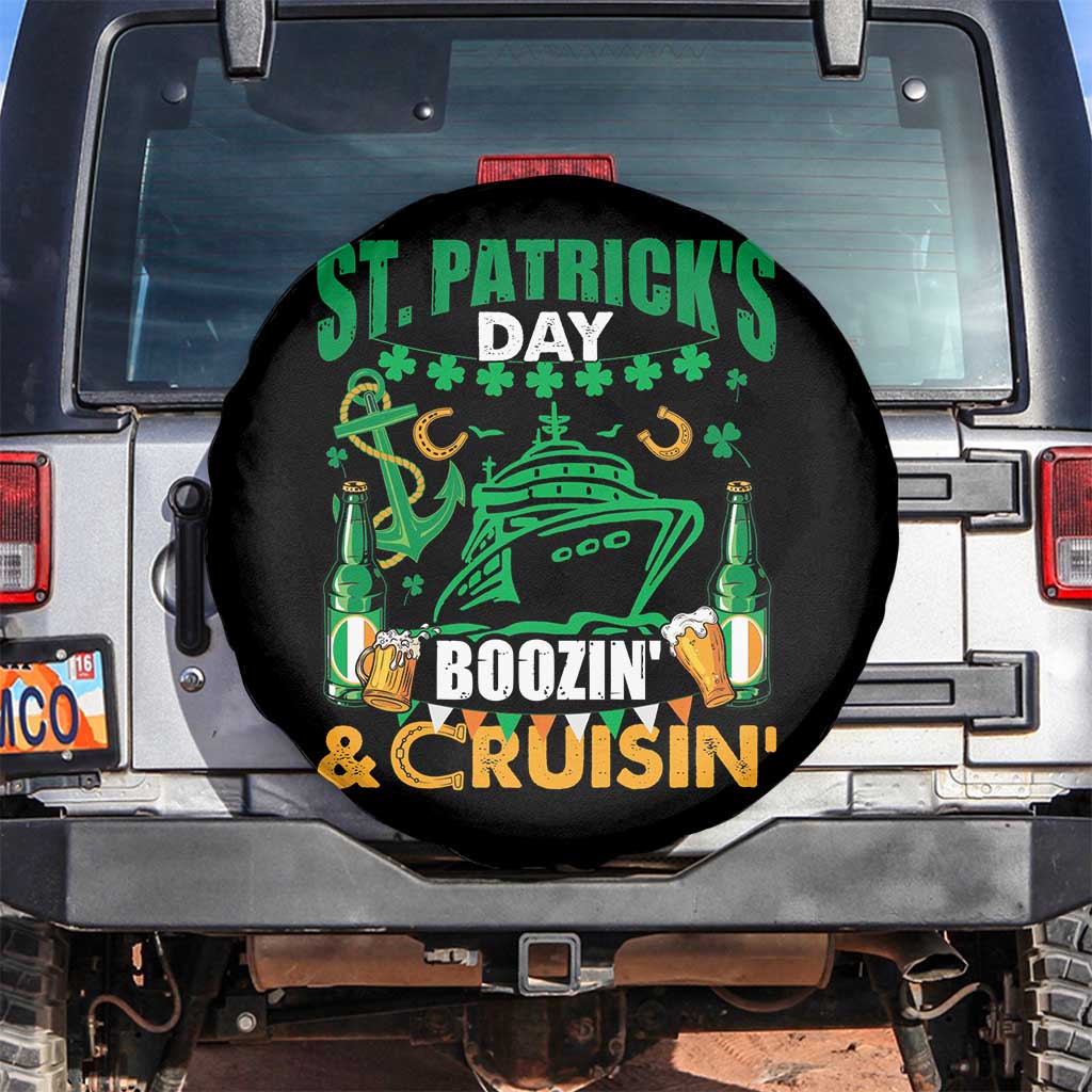 Funny St Patricks Cruise Spare Tire Cover Boozin' Cruisin' Drinking Squad Family Group Matching TS02 No hole Black Print Your Wear
