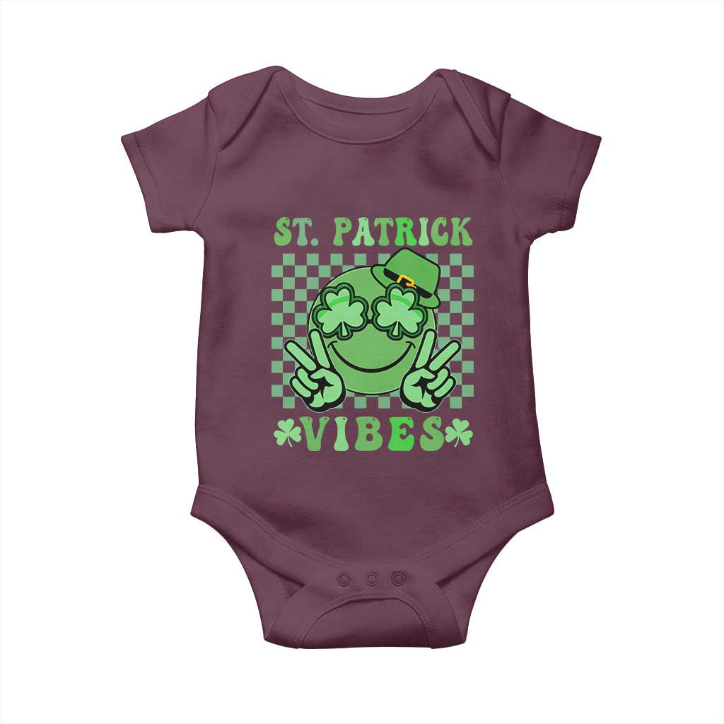 Funny St Patricks Day Baby Onesie St Patrick Vibes Retro Groovy TS02 Maroon Print Your Wear