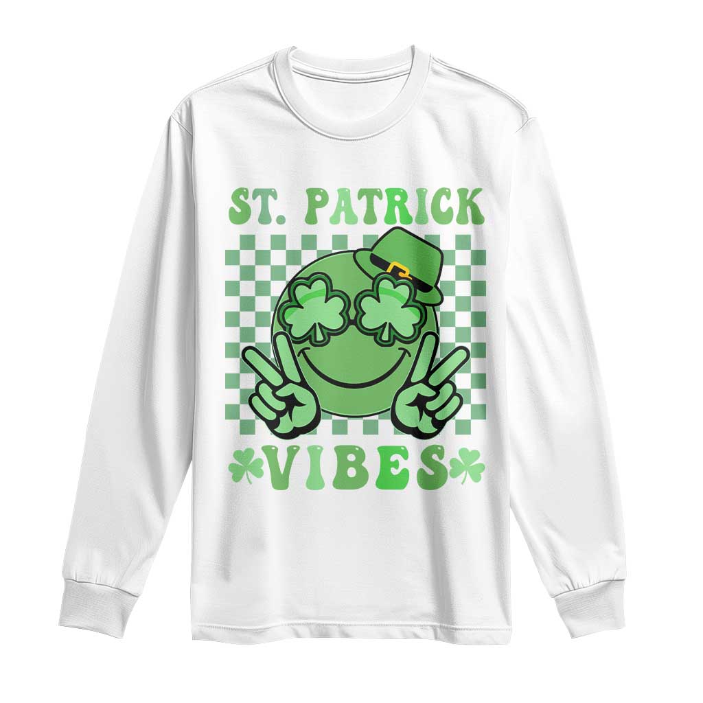 Funny St Patricks Day Long Sleeve Shirt St Patrick Vibes Retro Groovy TS02 White Print Your Wear