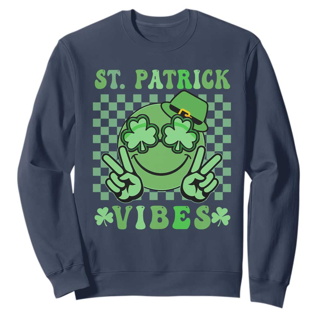 Funny St. Patricks Day Sweatshirt St Patrick Vibes Retro Groovy TS02 Navy Printyourwear