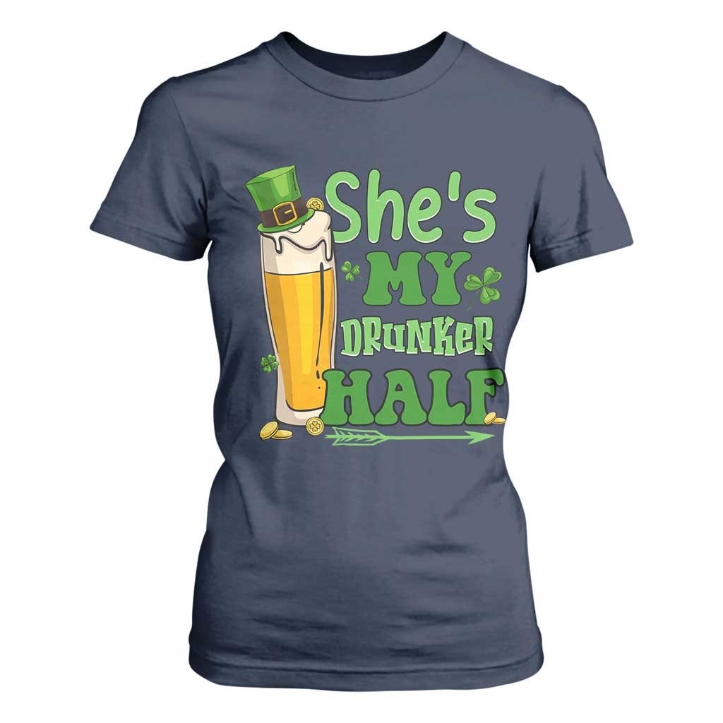 Funny St Patricks Day Drinking Couple Matching T Shirt For Women She's My Drunker Half TS02 Navy Print Your Wear