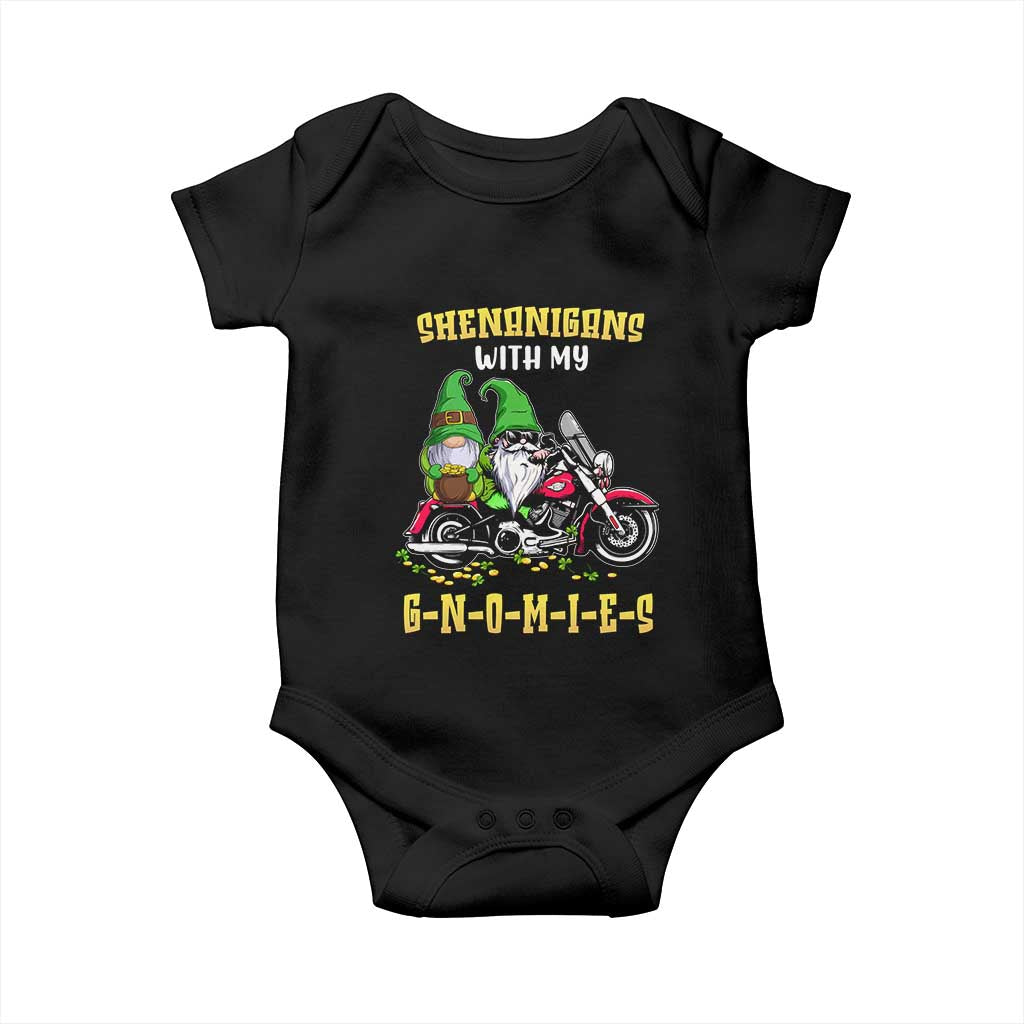 Funny St Patricks Day Gnome Baby Onesie Shenanigans With My Gnomies Motorbike Rider TS02 Black Print Your Wear