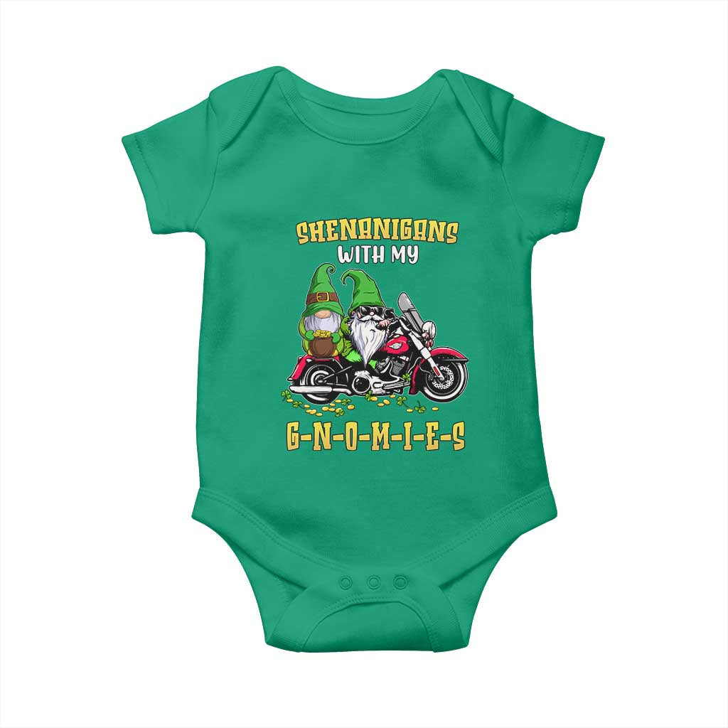 Funny St Patricks Day Gnome Baby Onesie Shenanigans With My Gnomies Motorbike Rider TS02 Irish Green Print Your Wear